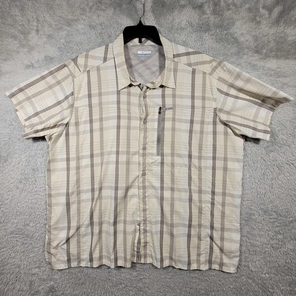 Columbia Button Up Shirt Mens XXL Beige Plaid Short Sleeve Utility